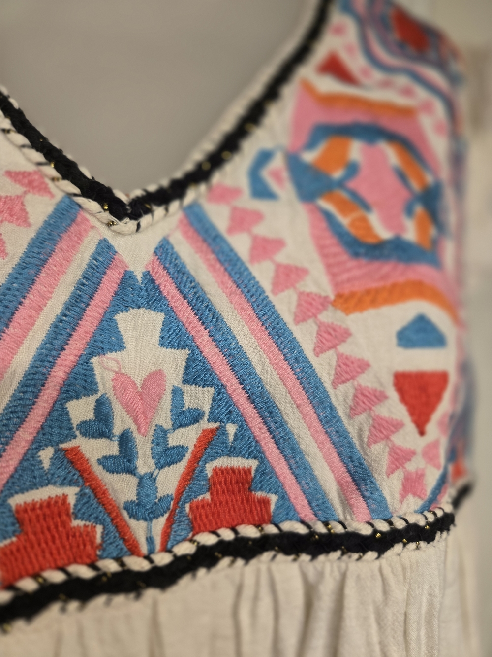 Boho Embroidered V-Neck Cream Dress with Pink and Blue Accents - Picture 3 of 9
